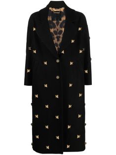 Black studded oversize coat from PHILIPP PLEIN featuring gold-tone stud embellishment, notched lapels, two front welt pockets and long sleeves. | Philipp Plein Studded Oversize Coat Studded Long Sleeve Winter Outerwear, Studded Winter Outerwear, Luxury Embellished Winter Outerwear, Designer Gold Outerwear With Buttons, Luxury Outerwear With Gold Buttons For Fall, Luxury Oversized Outerwear, Luxury Black Outerwear With Gold Buttons, Luxury Embellished Outerwear For Work, Luxury Embellished Workwear Outerwear