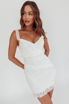 Lace mini dress Fully lined Frill trim detail Off-shoulder style Invisible zip at back You'll be livin' la vida loca in this super cute dress. We are obsessed with the lace overlay and adorable frill trim. Perfect for a bachelorette or an extra special birthday party. Team it with white, strappy heels and a clutch for a white-hot look. CARE Hand Wash Cold. Do Not Iron. MATERIAL SPANDEX/POLYESTER Lace Dress With Ruffle Hem And Sweetheart Neckline, Sweetheart Neckline Lace Dress With Ruffles For Party, Party Lace Dress With Ruffles And Sweetheart Neckline, Lace Trim Mini Dress For Date Night, Lace Mini Dress With Sweetheart Neckline And Ruffles, Lace Mini Dress With Ruffles And Sweetheart Neckline, Mini Dress With Lace Trim For Date Night, Lace Mini Dress With Ruched Spaghetti Straps, Scalloped Lace Mini Dress For Date Night