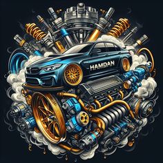 an illustration of a car surrounded by engine parts