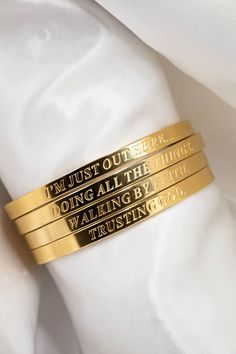 Faith Reflections 4pc 6mm 18k Gold - Plated Bangle Set - A Meaningful Mood Bible Jewelry, Gorgeous Bracelets, Affirmation Jewelry, Dope Jewelry Accessories, 2 Corinthians 5 7, Engraved Bangle, By Faith Not By Sight, Christian Bracelets, Bracelets Adjustable