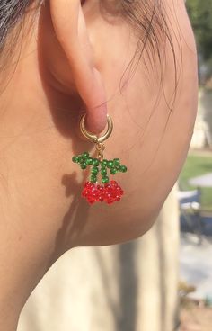 Dainty cherry earrings on a simple gold plated hypoallergenic gold hoop Cherry Beads Earrings, Cherry Color Trendy Nickel-free Jewelry, Trendy Cherry Nickel-free Jewelry, Cherry Nickel-free Trendy Jewelry, Cherry Party, Bracelets Kandi, Cherry Jewelry, Earring Inspo, Bracelets Tutorial