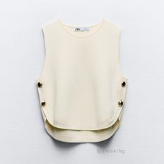 New With Tag Brand Zara Seller: @Chloethy Zara S/S 2024 Collection Basic Knit Sleeveless Vest With Round Neck. Side Gold Button Detail. Color Ecru | 9598/133 Outer Shell 62% Viscose 38% Polyamide Which Has At Least: Outer Shell 38% Rcs-Certified Recycled Polyamide Spring Workwear Tops With Side Buttons, Fitted Tops With Side Buttons For Spring, Sleeveless Tops With Buttons For Fall, Chic Buttoned Tank Top, Casual Tops With Side Buttons For Summer, Chic Spring Sweater Vest With Button Closure, Sleeveless Tops With Button Closure For Fall, Chic Buttoned Tank Top For Day Out, Beige Sleeveless Knit Top For Work