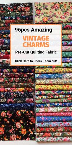 the front cover of an old book with many different types of fabrics on display in it