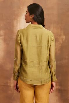 Shop for Sue Mue Green Mul Embroidered Shirt for Women Online at Aza Fashions Olive Green Shirt, Green Shirt, Designer Gowns, Indian Design, Not For Sale, Kids Sleepwear, Embroidered Shirt, Women Tops, Shirt Collar