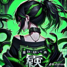 an anime character with green hair and snakes around her neck, in front of a dark green background