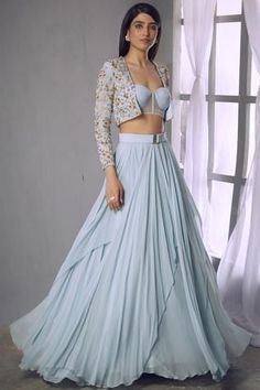 Shop for Shloka Khialani Blue Georgette Embroidered Jacket Lehenga Set for Women Online at Aza Fashions Corset Lehenga, Lehenga Ideas, Jacket Lehenga, Indian Outfits Lehenga, Lehnga Dress, Gaun Fashion, Wedding Blouse Designs, Indian Dresses Traditional, Indian Gowns Dresses