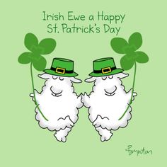 two white sheep wearing green hats and clovers with the words irish eve happy st patrick's day