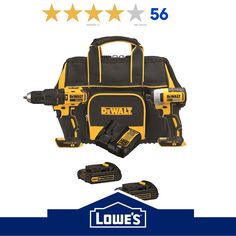 a tool bag with two batteries and one cordless driller on the front, five stars above it