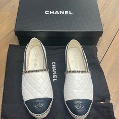 Authentic Used Chanel Espadrilles Size 38 With Box And Dust Bags Chanel Espadrilles, Shoes Summer, Chanel Shoes, Chanel Ballet Flats, Summer Shoes, Espadrilles, Dust Bag, Chanel, Black White