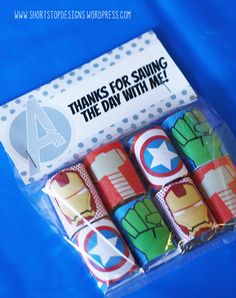 a set of six captain america napkins in a package with the words thanks for saving the day with me