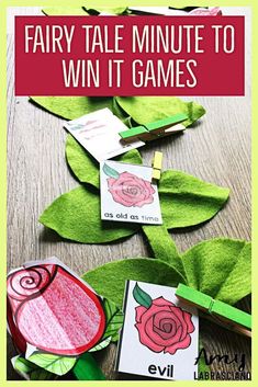 fairy tale minute to win it games with paper flowers and leaves on the table next to them