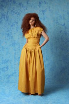 Adesuwa Ruched Cotton Long Dress - Yellow Ochre Yellow Gown, Yellow Maxi Dress, Cotton Long Dress, Yellow Ochre, Iconic Dresses, Technology Fashion, Celebrity Lifestyle, Yellow Fashion, Orange Dress