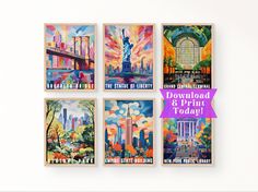 four posters with the statue of liberty, new york city and brooklyn bridge on them