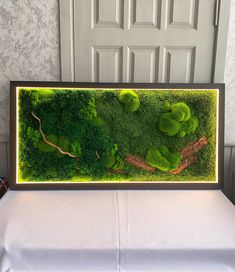 an image of a moss covered wall in a frame on top of a white bed