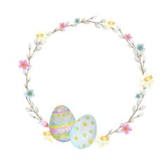 an easter wreath with two painted eggs in the center and flowers on each side, isolated against a white background