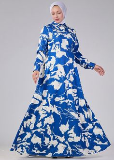 Side view of Evelyn Abstract Floral Crepe Maxi Dress by Annah Hariri Elegant Blue Dress With Abstract Print, Elegant Blue Printed Maxi Dress, Blue Abstract Print Dress, Blue Long Sleeve Maxi Dress With Abstract Print, Annah Hariri, Chic Maxi Dress, Crepe Maxi Dress, Chic Maxi Dresses, Modest Dress