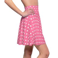 A versatile fit AOP skater skirt with a cozy, soft touch and a casual look. Inspired by the freedom of creativity, it will instantly become your everyday favorite. .: 95% Polyester 5% Spandex .: Versatile fit .: Printed on care label in black color .: White thread color .: Assembled in the USA from globally sourced parts Casual Pink A-line Bottoms, Casual Polka Dot Mini Bottoms, Casual Polka Dot Skirt With Elastic Waistband, Spring Knee-length Skirt With Wide Waistband, Pink A-line Casual Bottoms, Casual Mini Skirt With Wide Waistband, Casual Fitted Polka Dot Mini Skirt, Polka Dot Fitted Full Skirt, Retro Inspired Fashion