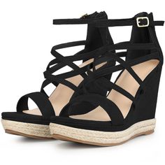 Looking for a stylish and comfortable pair of sandals to add to your wardrobe? Look no further than these ankle-strap espadrille platform sandals! These sandals feature a denim fabric for a casual look, with a single strap and strappy design at the upper, as well as an ankle strap and back zipper for easy wear. Plus, with an espadrille wedge heel and platform, these sandals offer just the right amount of height and style. The outsole is made of TPR, while the heel is made of PVC+TPR, making thes Strappy Wedge Heels, Denim Heels, Wedges Heels, Espadrilles Platform, Strappy Wedges, Espadrille Wedge, Open Toe Shoes, Wedge Heel Sandals, Black Sandals Heels