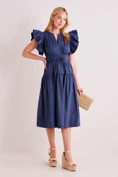 Amalia Dress- Navy Chic V-neck Dress With Ruffle Hem And Flutter Sleeves, V-neck Dress With Ruffle Sleeves For Brunch, Ruffle Sleeve V-neck Dress For Brunch, Chic Dress With Ruffle Hem And Butterfly Sleeves, Chic Flutter Sleeve Dress With Tie Waist, Summer Flutter Sleeve Midi Dress With Pleated Waist, Summer Midi Dress With Flutter Sleeves And Pleated Waist, Summer Workwear Midi Dress With Flutter Sleeve, Workwear Dress With Ruffle Hem And Flutter Sleeve