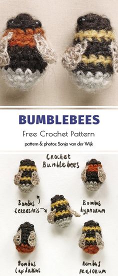 crocheted bumblebees are shown in three different colors