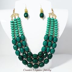 Beaded, Green, Multi-Layered Color-Blocked, Necklace & Earrings Set | Creative Elegance Jewelry