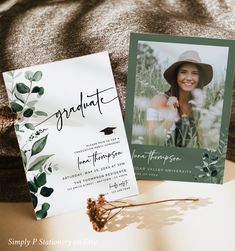 a graduation announcement with a photo and greenery on the front is next to a card that reads graduate