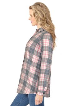 <div>This cotton flannel is brushed to perfection for cozy comfort. A collar, button cuffs and button front add to the classic appeal. Made in a perfect tunic</div> Collared Shirt For Fall Loungewear, Collared Shirt For Loungewear In Fall, Fall Daywear Blouse With Roll-up Sleeves, Fall Shirt With Button Closure For Daywear, Collared Blouse For Loungewear In Fall, Fall Blouse With Shirttail Hem And Placket, Fall Cotton Blouse With Placket, Fall Daywear Shirt With Button Cuffs, Fall Cotton Blouse With Spread Collar