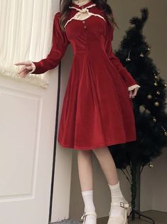 ❤︎French small fragrance style retro velvet dress❤︎ Christmas Dress Women, Christmas Dresses, Red Velvet Dress, College Bags, Red S, Heart Bag, Black Velvet Dress, Christmas Dress, Pink Ribbon