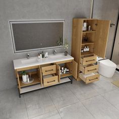 a bathroom with two sinks, a toilet and a mirror on the wall above it