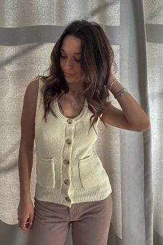 Patch Pocket Knit Vest 60% Acyrlic 40% Cotton Knit Vest, Patch Pocket, Size Chart, Cream, Knitting