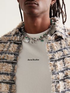 Acne Studios' silver-tone choker is pierced with bar bells and hoops, some of which are are accented with lustrous faux pearls or a metallic green coating. It adjusts between three lengths, so you can customise it to best complement your shirt. Mens Piercings, Metal Logo Design, Activewear Photoshoot, Phoenix Rising, Satin Shorts, Mens Fashion Blog, Best Mens Fashion, Mens Jewelry Necklace, Jewelry Fashion Trends