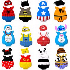 several baby onesuits made to look like cartoon characters are shown in different colors