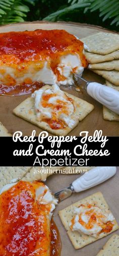 red pepper jelly and cream cheese appetizer is on a plate with crackers