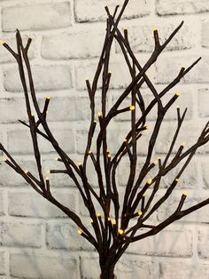 a vase filled with branches and lights on top of a wooden table next to a brick wall