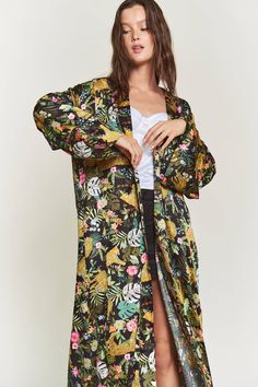 Maxi Kimono Cardigan Spring Button-up Cardigan For Loungewear, Button-up Cardigan For Spring Loungewear, Chic Long Sleeve Cardigan With Floral Print, Beach Outerwear With Long Sleeves And Floral Print, Beach Floral Print Long Sleeve Outerwear, Floral Print Long Sleeve Beach Outerwear, Long Sleeve Floral Print Beach Outerwear, Beach Long Sleeve Floral Outerwear, Trendy Long Sleeve Outerwear For Vacation