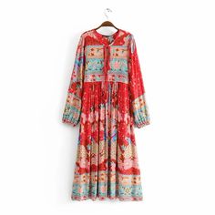 Red Printed Beach Midi Dress, Red Printed Midi Beach Dress, Spring Boho Print Multicolor Maxi Dress, Spring Multicolor Boho Print Maxi Dress, Red Printed Midi Dress For Beach, Red Printed Midi Dress For Spring, Red Printed Midi Dress For Vacation, Spring Boho Maxi Dress In Multicolor, Bohemian Long Sleeve Multicolor Print Dress