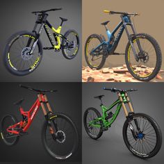 four different types of mountain bikes in various colors