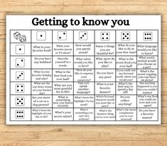 a printable game with dices and words on it that says getting to know you