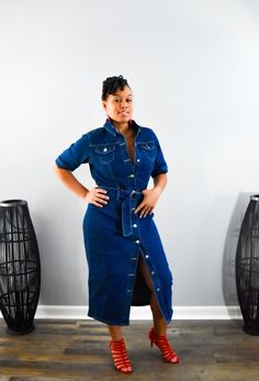 This beautiful denim dress is a classic staple that can worn multiple ways. Wear me as a jacket or a dress and make me a statement, #PERIOD. Open me up, throw on a full bodysuit and some thigh high boots and baby it's a new look or keep me button up and wear me as is. It's a game changer sure to make your closet better. Don't hesitate just add me! Stretch denim dress Collar Short sleeve Button closure 68% Cotton 30% Polyester 2% Spandex Hand wash cold Our beautiful model Tiffany is wearing a Medium. Non-stretch Blue Denim Dress For Fall, Chic Fitted Denim Midi Dress, Trendy Slim Fit Dress For Winter, Trendy Slim Fit Winter Dress, Chic Fitted Midi-length Denim Dress, Spring Denim Midi Dress For Date Night, Chic Fitted Belted Denim Dress, Denim Midi Length Dress For Night Out, Denim Midi Dress For Night Out