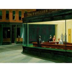 a painting of people sitting at a bar in front of a building with lights on