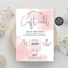 a pink and white watercolored event card with the words craft market on it