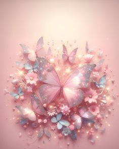 a pink background with lots of butterflies flying through the air and sparkling in the light