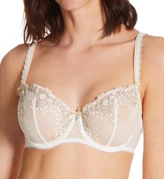 Enjoy the opulent look of this sexy bra while getting great support from the underwire half cups. The mesh cups have shiny embroidery with the look of sparkling jewels. Straps adjust in back for a custom fit. Made of polyester, polyamide (nylon), and elastane. Multi-part underwire cup is unlined (unpadded) to shape and support . Cups have vertical seams to keep breasts centered. See-through mesh cups have shimmering embroidery with faux gems and "pearls." Narrow, arched center. Center has decora Elegant Bra With Removable Cups And Underwire, Elegant Party Bra With Adjustable Straps, Elegant Full Cup Bra With Adjustable Straps, Elegant Bra With Sweetheart Neckline And Removable Cups, Wedding Bra With Adjustable Underwire, Elegant Sweetheart Neckline Bra With Removable Cups, Elegant Underwire Bra With Medium Bust Support, Elegant Full Coverage Bra With Removable Cups, Elegant Full Cup Bra For Party