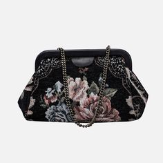 Floral Black Evening Bag Clutch carpet bag MCW Handmade Modern Texture, Carpet Fabric, Black Evening Bag, Vintage Evening Bags, The Victorian Era, Carpet Bag, Frame Bag, Evening Clutch Bag, Evening Clutch