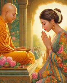 a painting of a monk sitting next to a woman in a yellow dress and holding her hands together