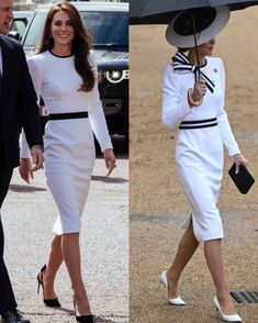 two pictures of the same woman in white dress and man in black suit with umbrella