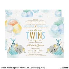 two baby elephants are flying with balloons in their trunks and the words twins written on them