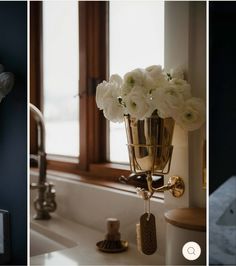 two pictures with flowers in vases on the sink and one has a mirror above it