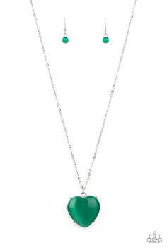 An oversized Mint cat's eye stone frame swings from the bottom of a lengthened silver chain, creating a flirtatious pendant. Features an adjustable clasp closure.

 Sold as one individual necklace. Includes one pair of matching earrings. Collar Verde, Stone Frame, Glowing Necklace, Cats Eye Stone, Silver Frames, Green Gems, Paparazzi Accessories, Moonstone Necklace, Eye Stone