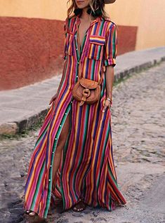 Red Bohemian Shirt Shawl Collar Striped Pattern Maxi Dresses (Style V100145) On Sale at VEDACHIC. Striped Long Sleeve Maxi Dress For Summer, Long Sleeve Striped Maxi Dress For Summer, Striped Long Sleeve Maxi Dress For Vacation, Casual Long Striped Dresses, Casual Button-up Maxi Dress For Summer, Multicolor Long Sleeve Maxi Dress With Buttons, Casual Multicolor Long Sleeve Maxi Dress, Casual Long Sleeve Multicolor Maxi Dress, Colorful Bohemian Long Sleeve Maxi Dress